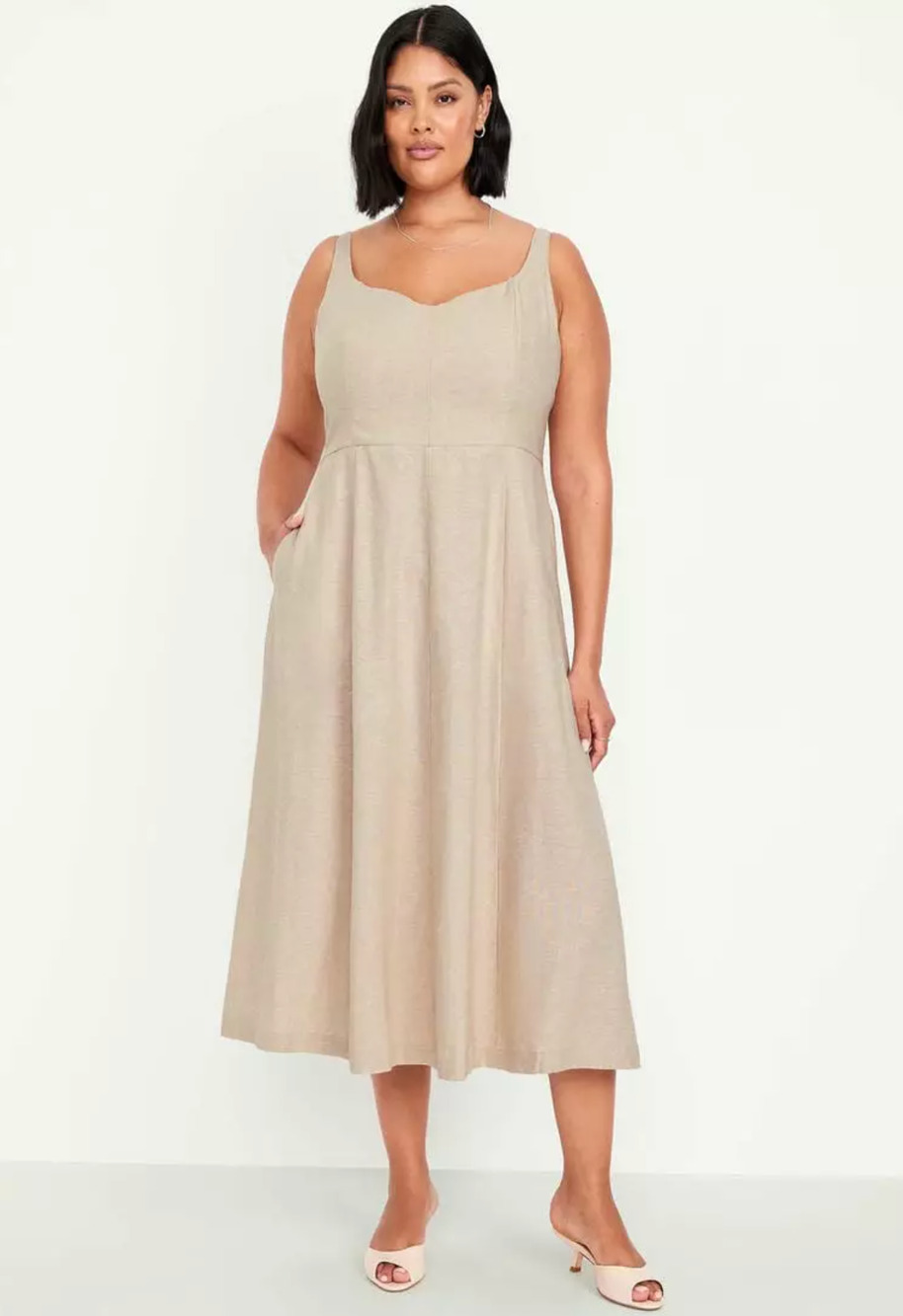 Old Navy Linen Blend Dress Womens 3X Plus Beige Smocked Sweetheart Neutral Boho